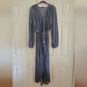 SIMPLEE PLUS Blue Ribbed Velvet Maxi Wrap-Tie Long Balloon Sleeve Dress …